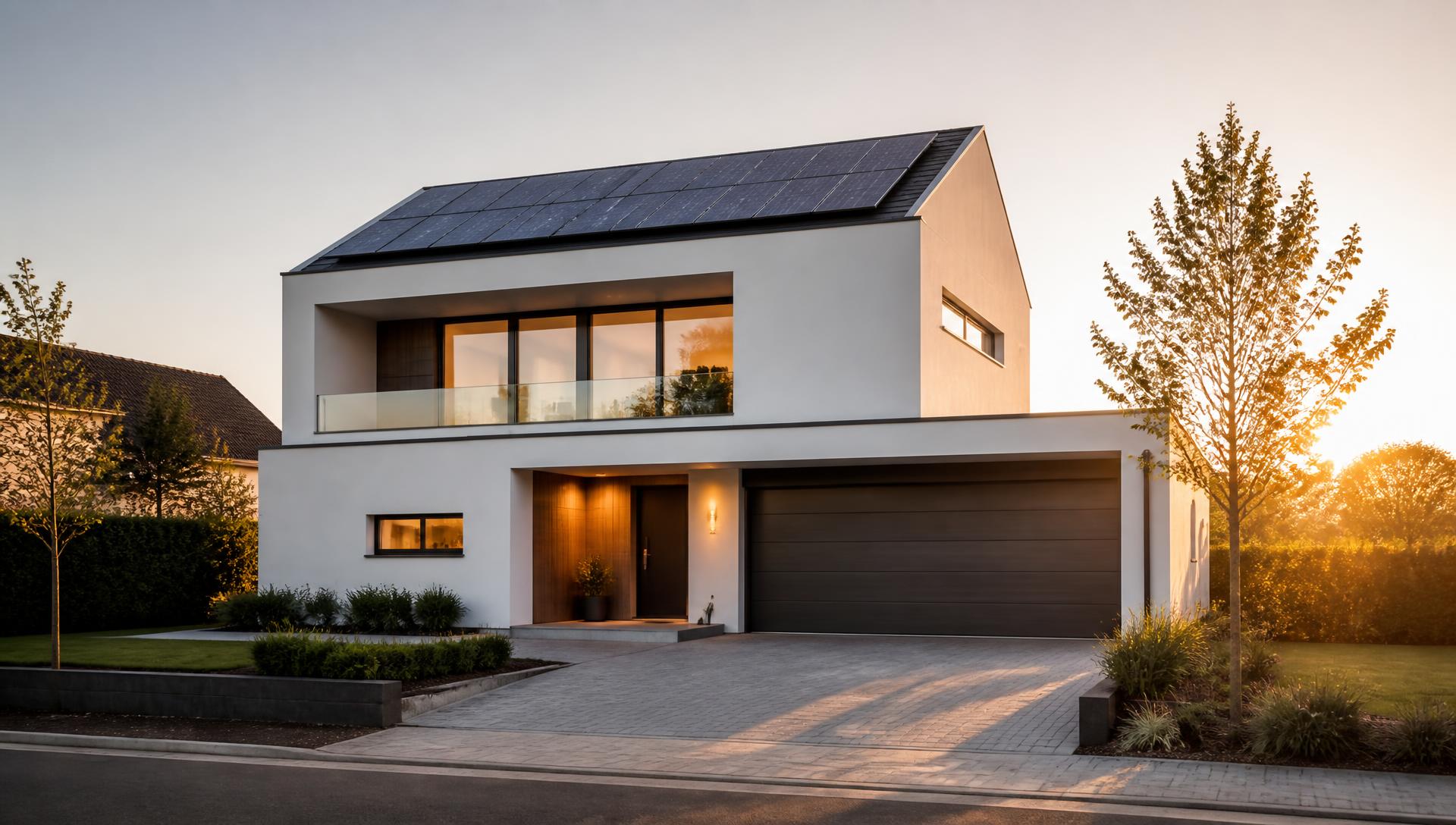 Modern home with solar panels under golden hour sunlight